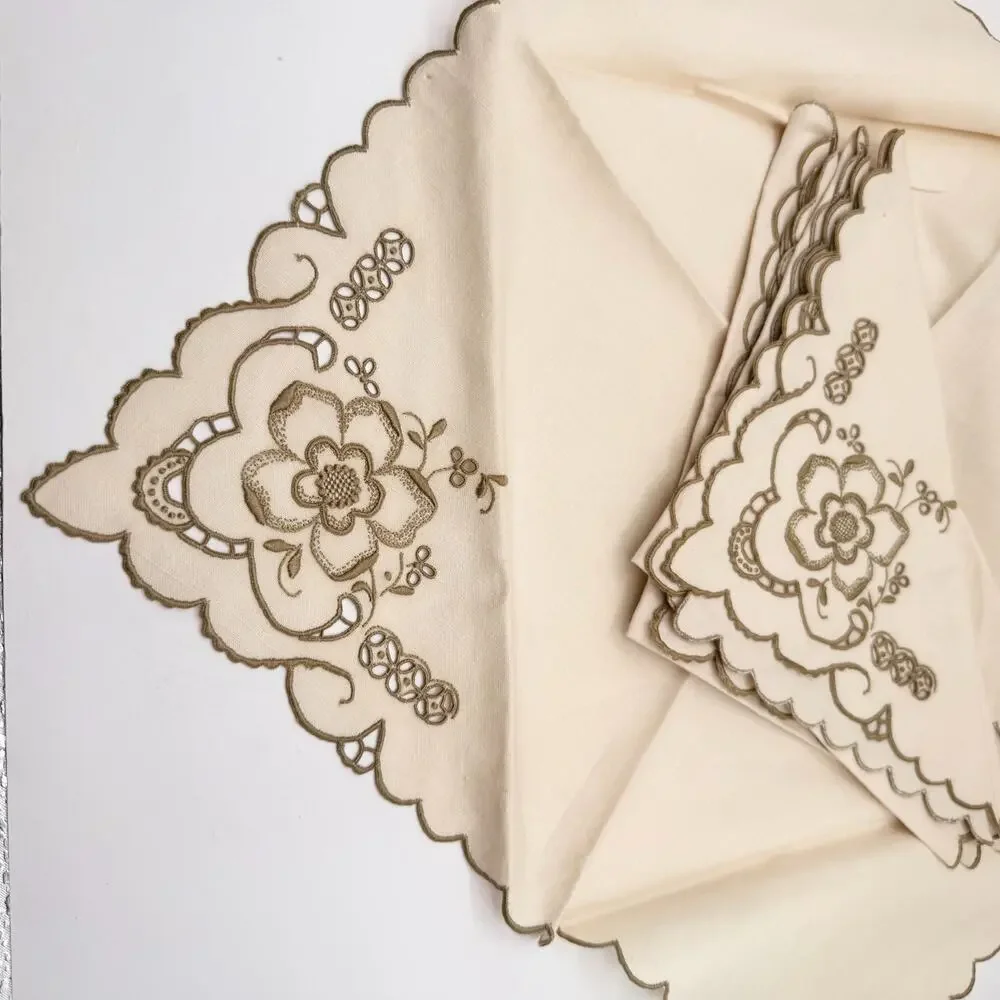Vintage Madeira Linen Tablecloth & Napkin Set Cutwork Embroidery Portugal